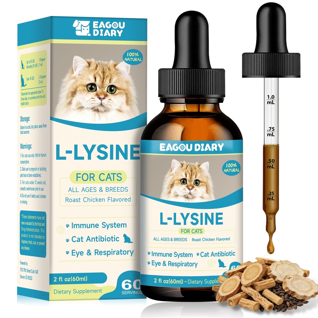 L- lysin pro kočky, Lysinové kapky Imunitní Supplement, Naléhání, Chlad, Alergie Relief, Runny Nose, Feline Respirační, Přírodní antibiotika pro kočky s kolostrem, Taurin (Pečené kuře Flavor / 2floz)