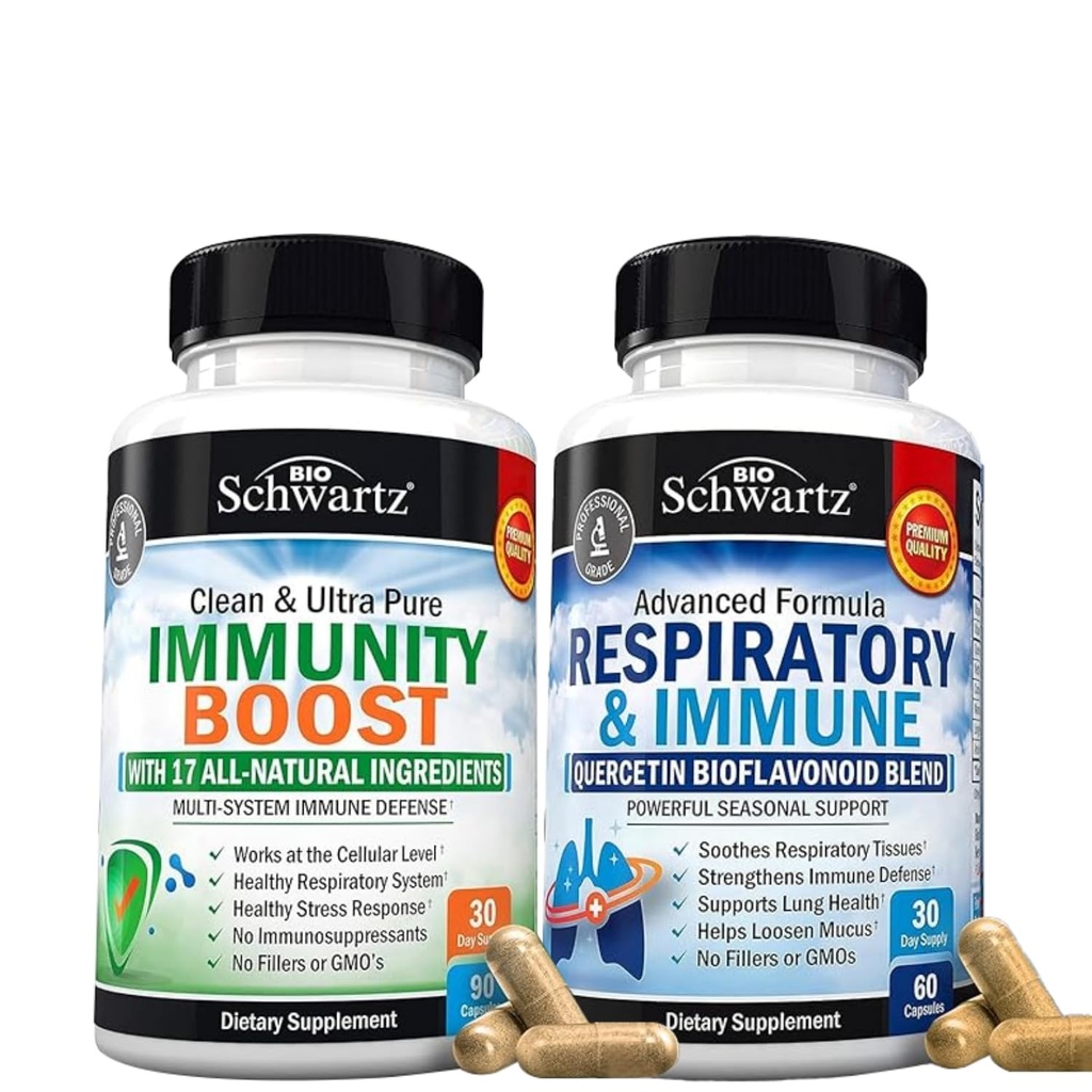 BioSchwartz Respirační a imunitní Lung Supplement s Quercetin (1 měsíční zásoba) Plus 17 v 1 Imunitní Supplement Supplement s antioxidanty (1 měsíční dodávka)