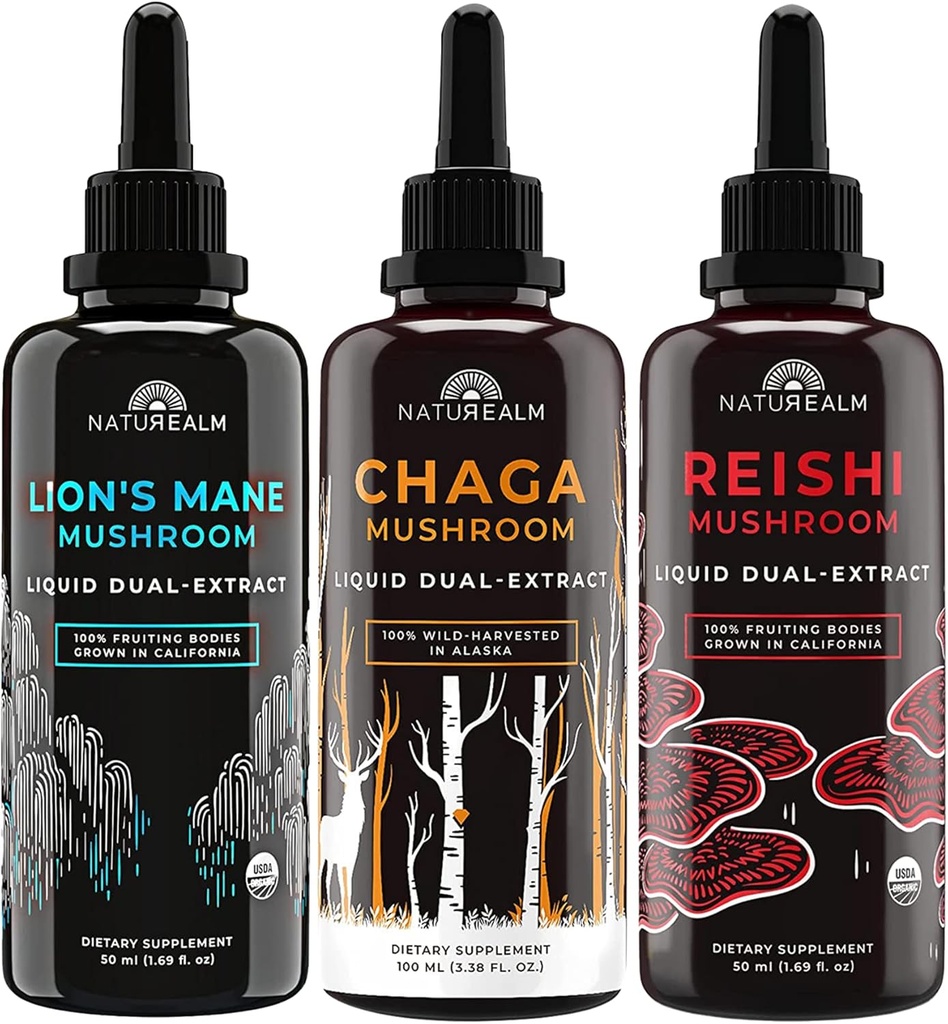 Naturealm Lion 's Mane, Reishi, & Chaga Mushroom Extract - Adaptogen Stack for Focus, Imunity, Longevity, Gut Health, Anti- Aging, Energy, Healing, & More - Organic Liquid Drops - 50 ml každý (3 balení)