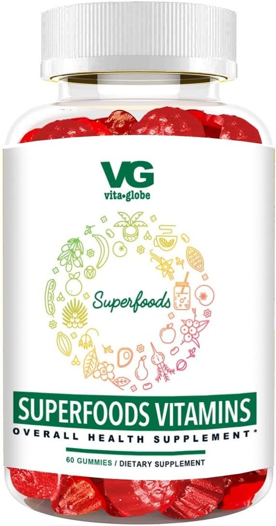 VITA GLOBE Superfood Gummy Vitamíny - Imunitní zdraví a antioxidant Support - Denní Wellness Gummies pro dospělé a děti - Vegan, Non- GMO, gluten zdarma Superfood dodatek - 60 Počet