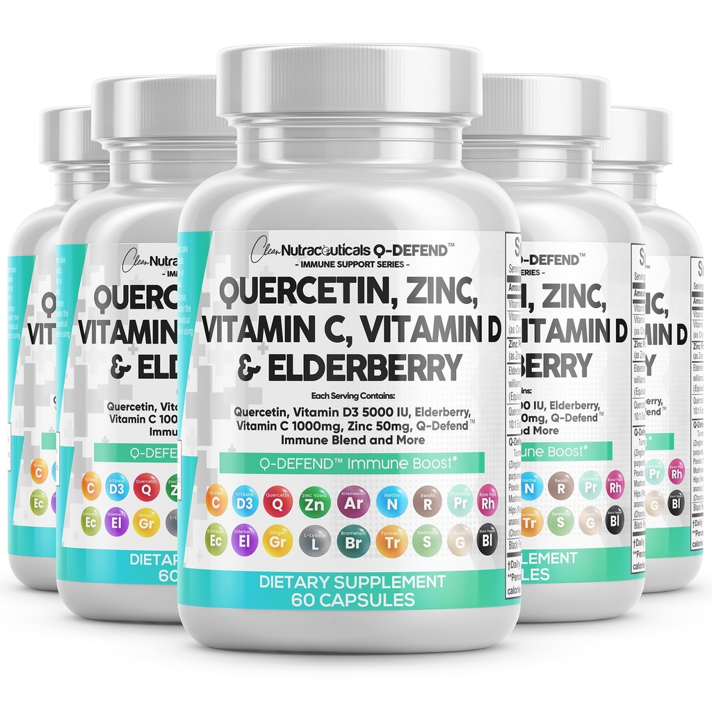 Clean Nutraceuticals Quercetin Zinek Vitamin C Bromelain Elderberry - Lung Imunitary Supplement Dospělí s Artemisinin, Moss moře, Echinacea, Alergie Relief (60 Počet (Pack of 5))
