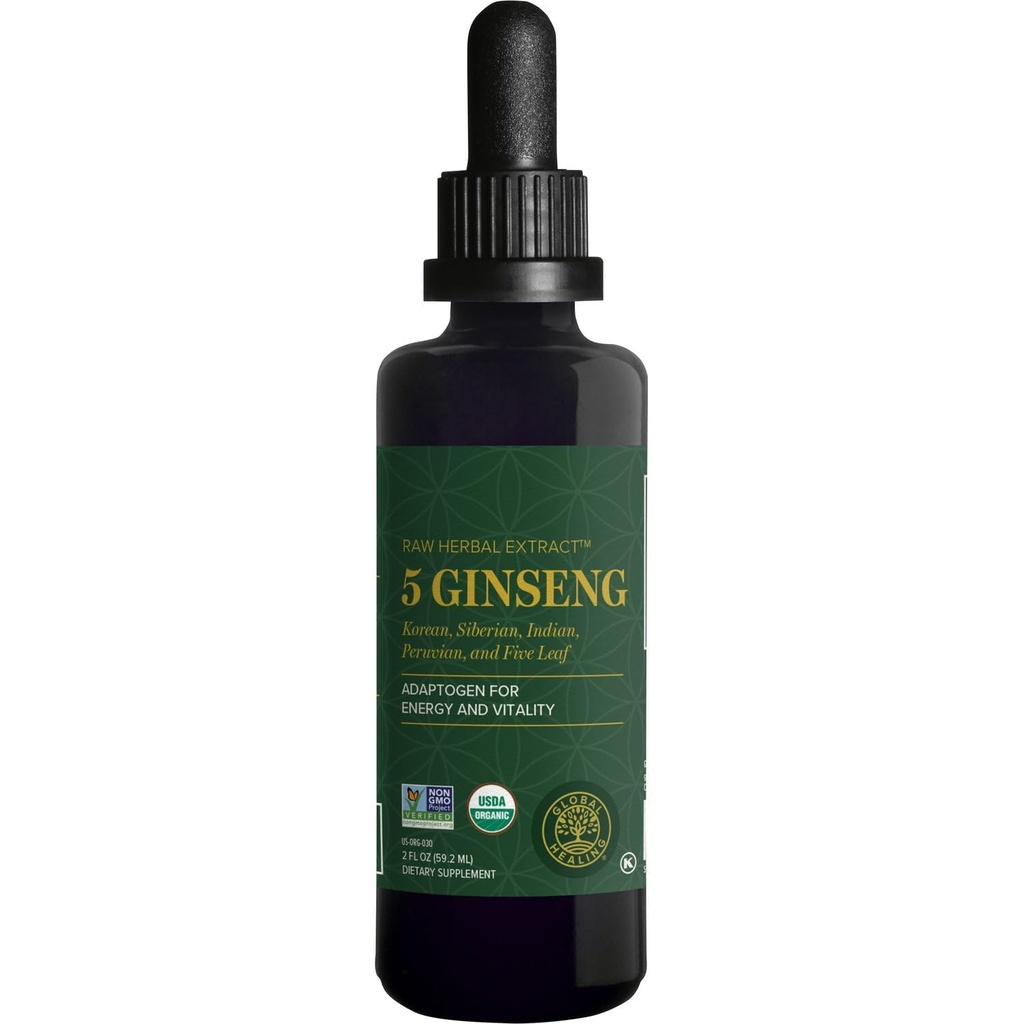 Global Healing Center - Ginseng - Organic Raw Bylinný extrakt - Liquid Panax Supplement Drop Promotes Energy - Korejské a sibiřské ženšen dodatek, Maca, Ashwagandha - Non-GMO - 2 Fl Oz