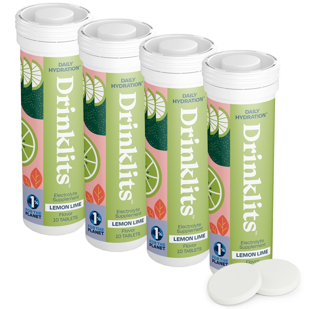 Drinklits Lemon- Lime Daily Electrolyte Hydration Tablety (4) Trubka Bundle 124; Přírodní sportovní nápoj - 0g Cukr - Výborný Flavor 124; 40 Servings - 10 Tablet per Tube