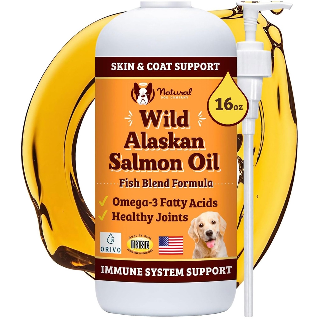 Natural Dog Company Wild Alaskan Salmon Oil Formule s Omega 3, Rybí olej pro psy doplněk, kůže & Coat Dog Oil, Itchy Relief, Imunitní podpora pro klouby & srdce, Potraviny Topper, 16 oz.