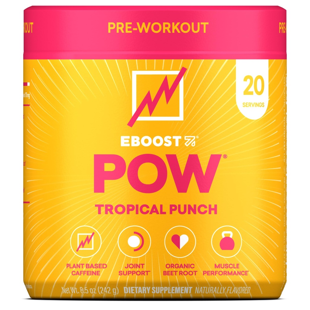 EBOOST POW Natural Pre Workout Powder - 20 Servings - Tropical Punch - PředWorkout Dodatek pro výkon, Společná podpora mobility, Energie, Zaměření - Muži a ženy - Non- GMO, gluten- Free, No Creatine