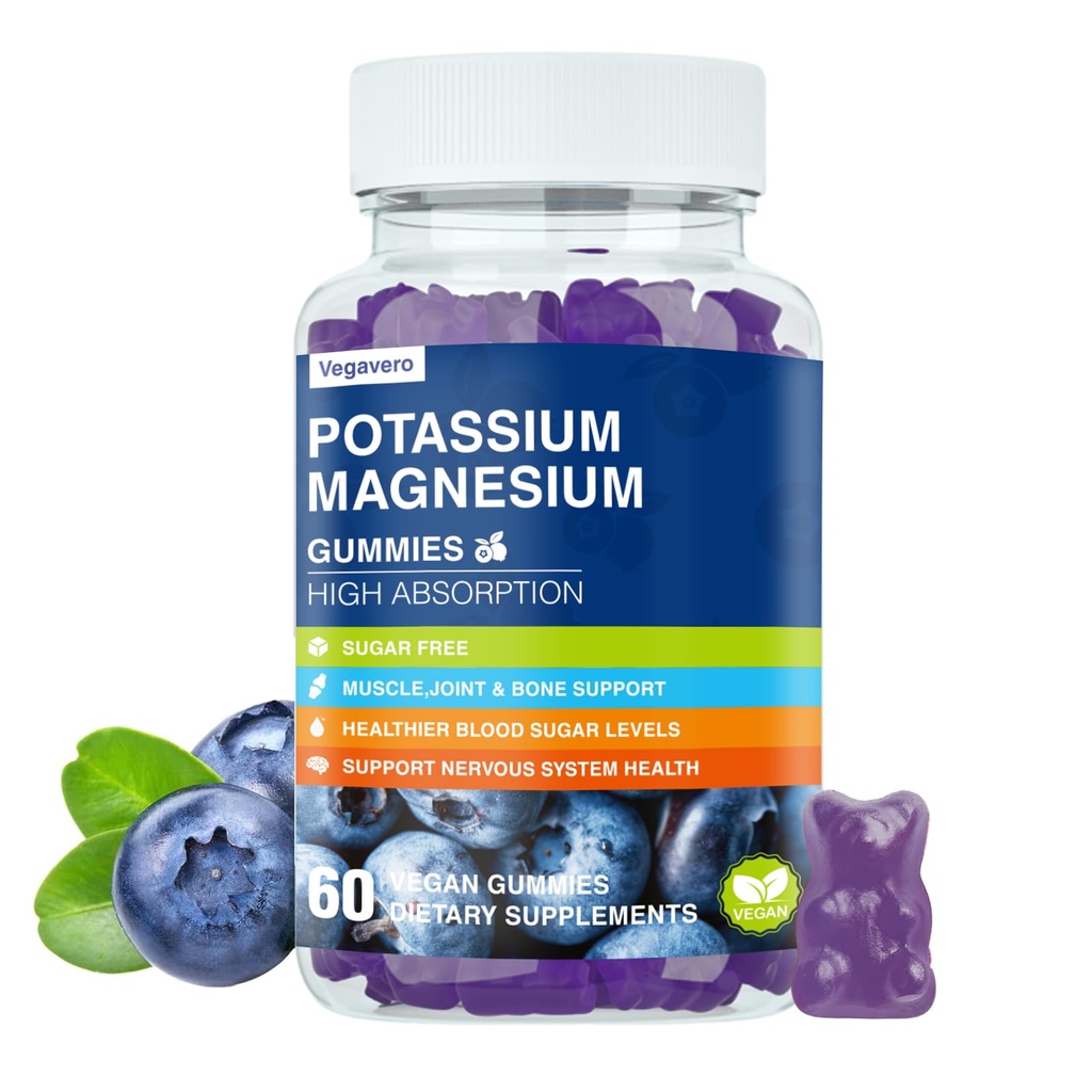 Magnesium doplněk draslíku Gummie - vysoká absorpční klid Glycinát hořčíku a draslík Citrát Plus Coenzym Q10, DHA, D3, Mineral & Vápník pro Zzz, Leg křeče & Svalovina - 60 Borůvkové gumy