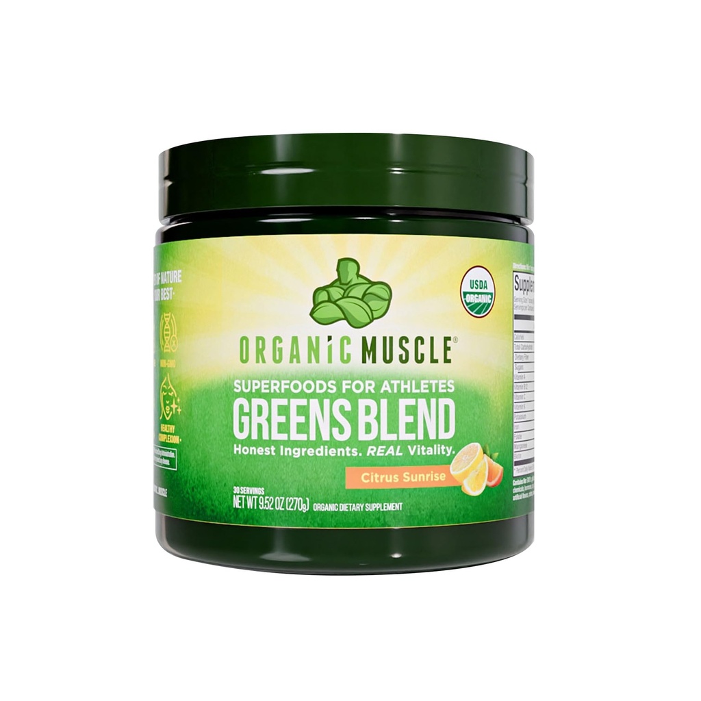 Organic Muscle Super Greens Powder Organic Superfood Powder with Probiotics, Spirulina, Chlorella, a Matcha OF 124; Non- GMO, 30 Servings