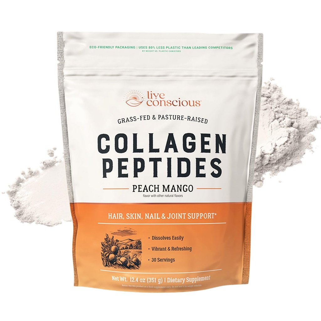 Live Conscious Collagen Peptides Powder - Peach Mango ochucený kolagen Powder - Vlasy, kůže, hřebík, a společná podpora - Typ I & III Grass- Fed kolagen doplňky pro ženy a muže - 30 Služeb - 13oz