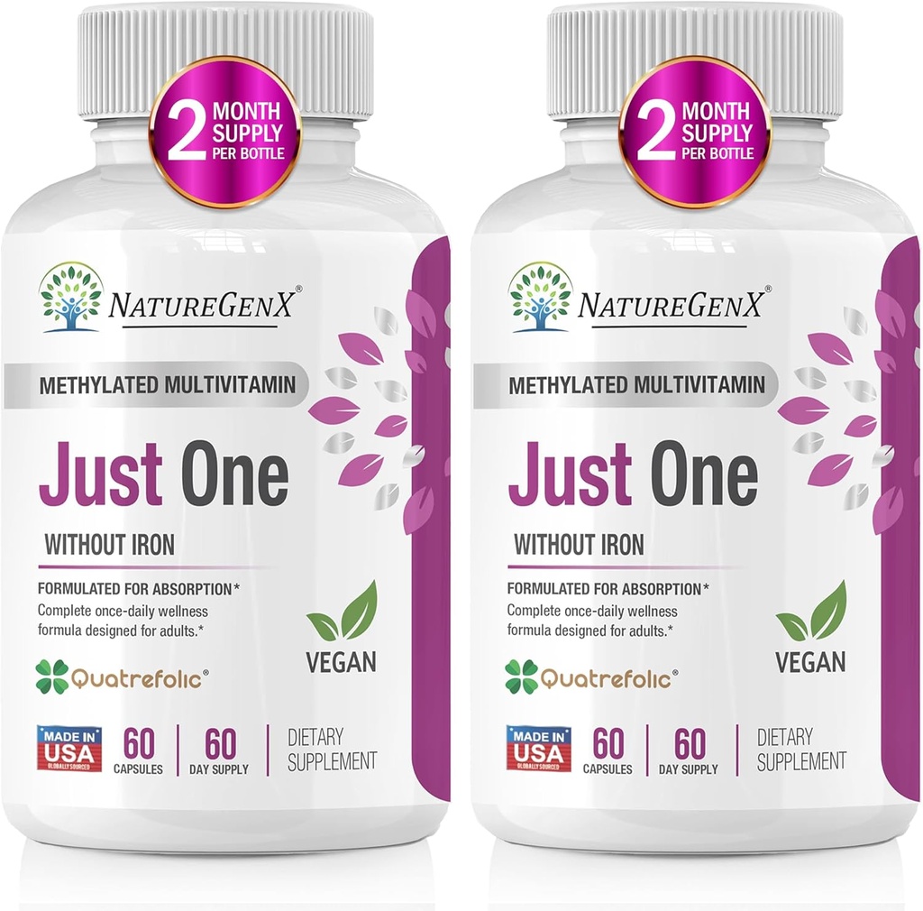 Jen jeden denně metylovaný multivitamin s methyl B12, Quatrefolový methylfolát, čistý doplněk MTHFR pro muže a ženy bez železa, 2 láhve (60 Vegan kapsle), USA- Made
