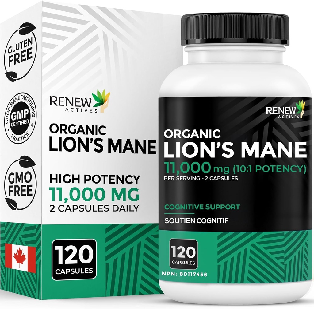 Reew Actives Premium Organic Lion 's Mane Houba 1100MG na 2 kapsle - Podporuje mozkové funkce, paměť, zaměření, Stress Relief & Imunní zdraví, Non- GMO, Vegan - Made in Canada - 120 Kapsle