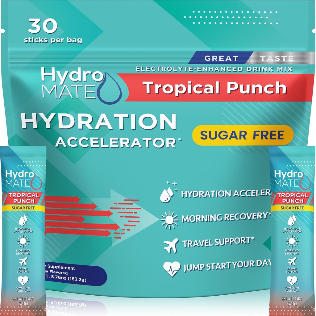 Electrolyte Powder Sugar- Free Hydration Packets Tropical Punch Hydromate 30 Sticks