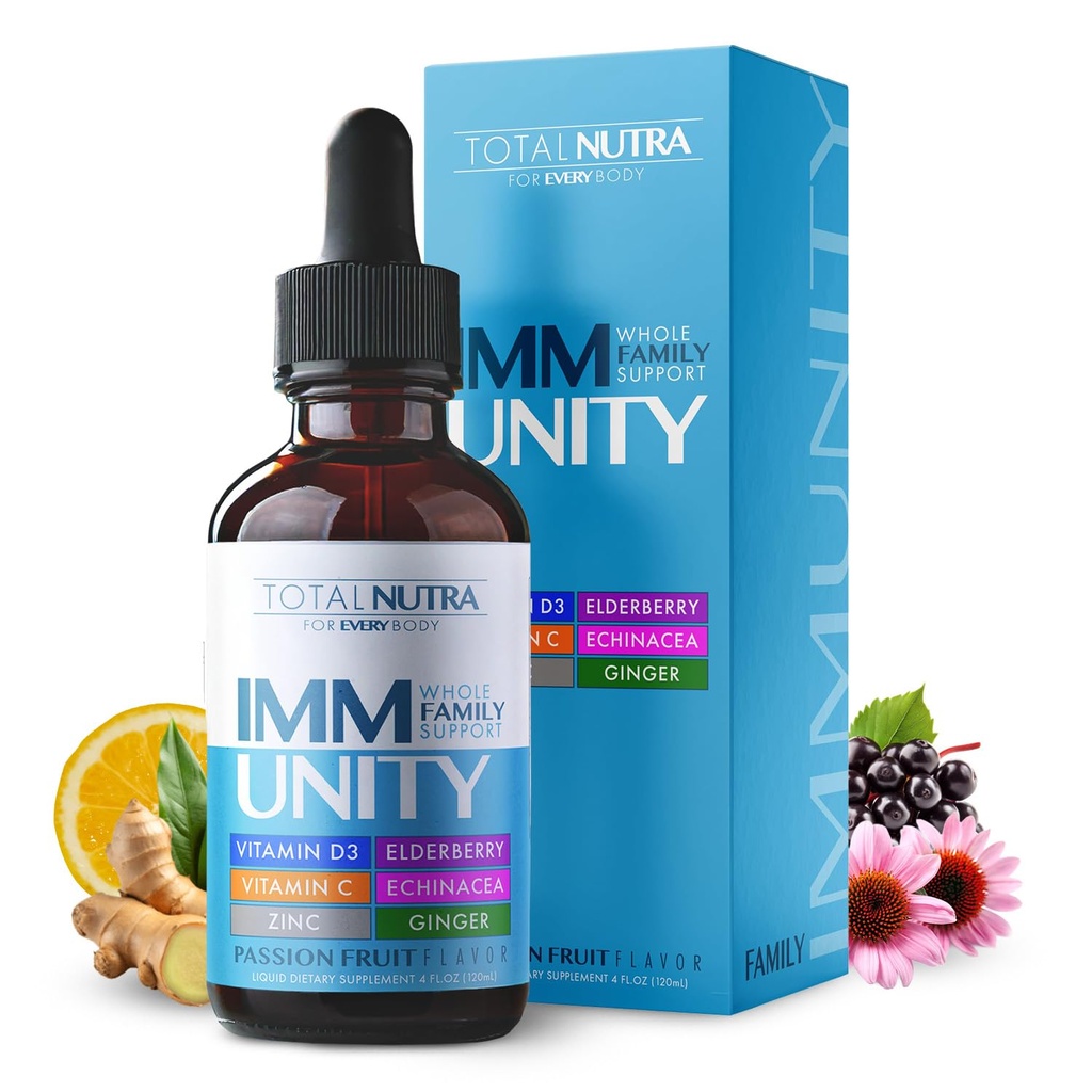 Celkem Imunitní 6- in-1 Liquid Multivitamin dodatek 124; 100% Denní zinek, Vitamin D3, vitamín C Imunita Kapky Vitamin Liquid 124; Elderberry, Echinacea, Ginger Podpora pro dospělé a děti 124; 4 oz Passion Ovoce