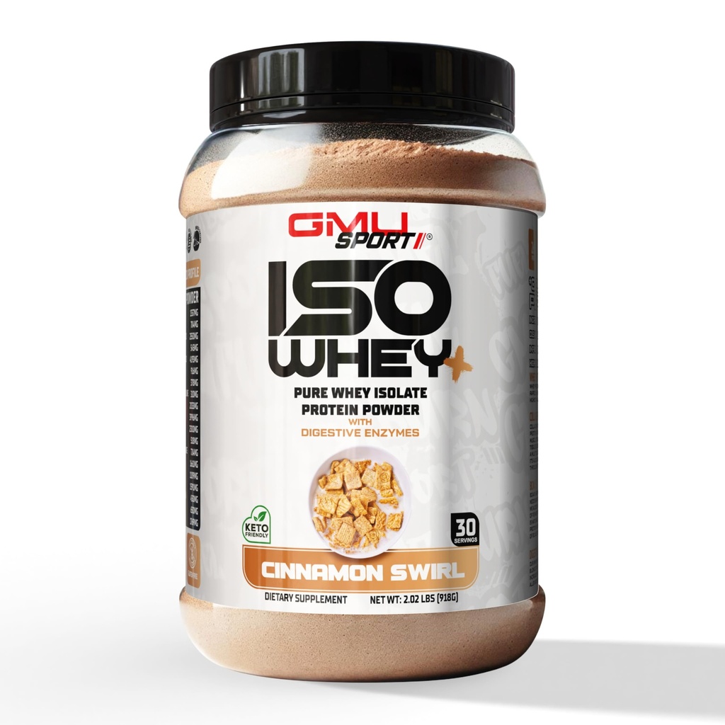GMU SPORT - 100% syrovátkový proteinový izolát prášek - 2 LB syrovátkový proteinový prášek s kolagenovými peptidy, trávicí enzymy a BCAA - proteinový prášek s 30 porcemi - Skořice