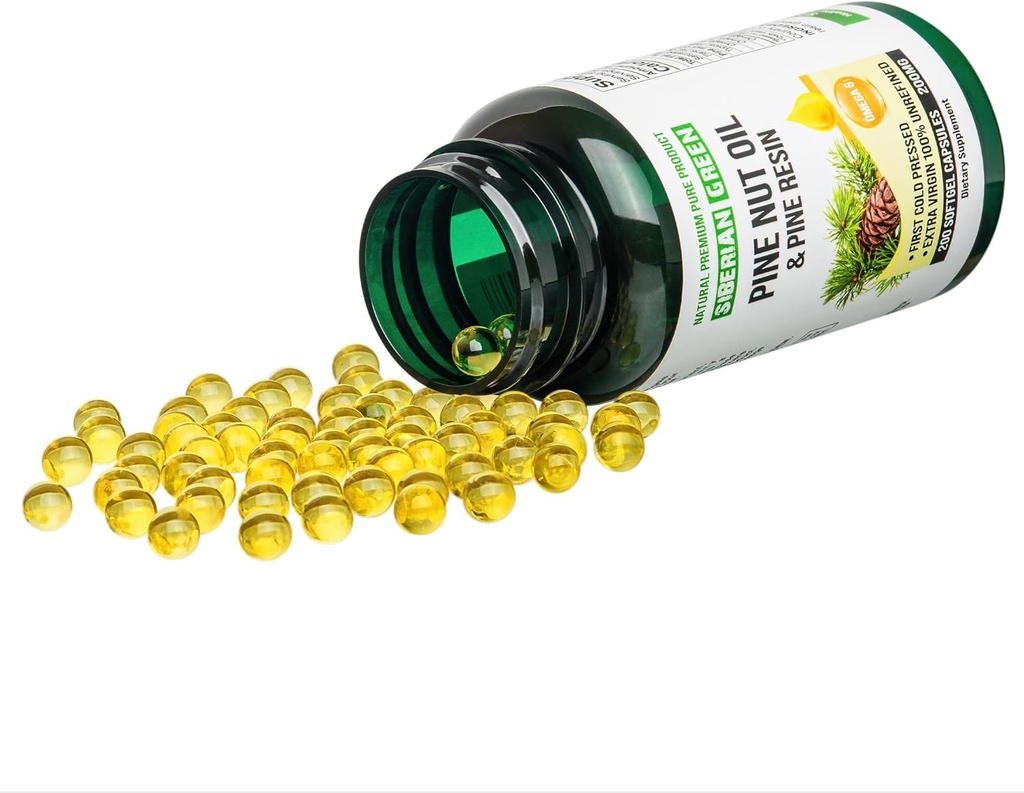 Siberian Green Pine Nut Oil w / Pine Resin Kapsle 200 Softgels Wild Harvested Siberia Altai Cold Pressed Nerafinované