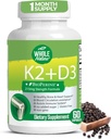 K2 D3 doplněk vitamínu s BioPerine - Vegan vápník s vitamíny K a D - Advanced D3K2 VIT 5000 IU - 60 Vegan D3 Plus K2 MK-7 Komplexní nutriční kapsle pro srdce a zdraví kostí (1
