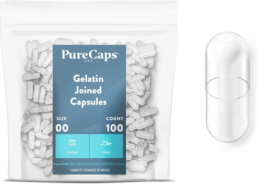 PureCaps USA - Prázdná želatina Kapsle Velikost 00 Brazil124; 100 Přidaných pilulky Brazil124; Clear Brazil124; Non- GMO Certified Brazil124; SLS, gluten, Konzervační zdarma