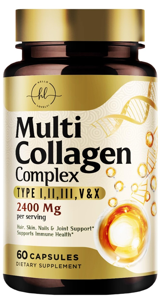 Multi kolagen Peptides 2400mg pro ženy - Nejlepší hydrolyzovaný komplex kolagenu s 5 typy (I, II, III, V, X) - Tráva Fed - Vlasy, kůže, hřebík, kost a společná podpora pro krásu & Wellness - 60 Kapsle