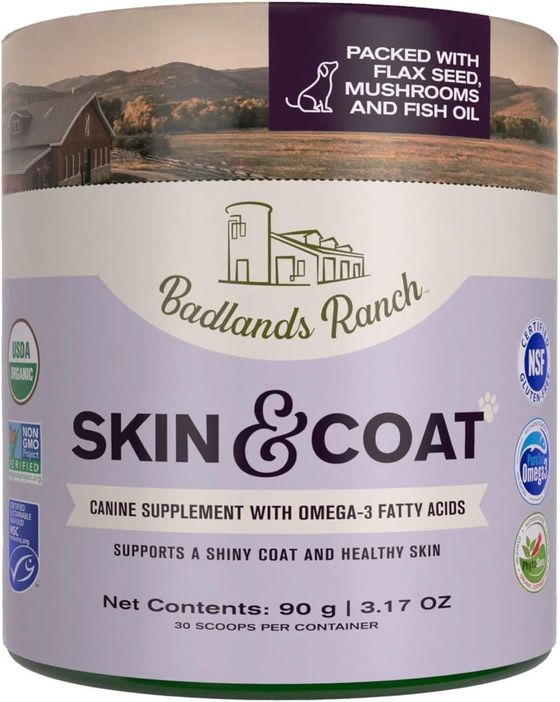 Badlands Ranch - Kůže & Coat Psí doplněk w / Omega33 mastné kyseliny, org. ingredience, Antioxidant Topper, Nourish Coat & Paws, Joint, Support Shiny Coat & Health Skin by Katherine Heigl (30 Scoops)
