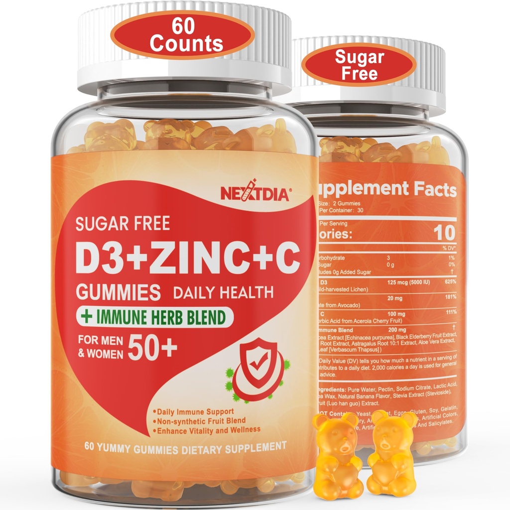 Sugar Free Vitamin C + D3 + Zinkové gumy pro dospělé 50 +, 9 v 1 Imunitní obranný dodatek s D3 5000IU, Elderberry, Echinacea, Mullein Leaf pro zvýšení imunity, Power Antioxidant, Vegan (balení po 1)