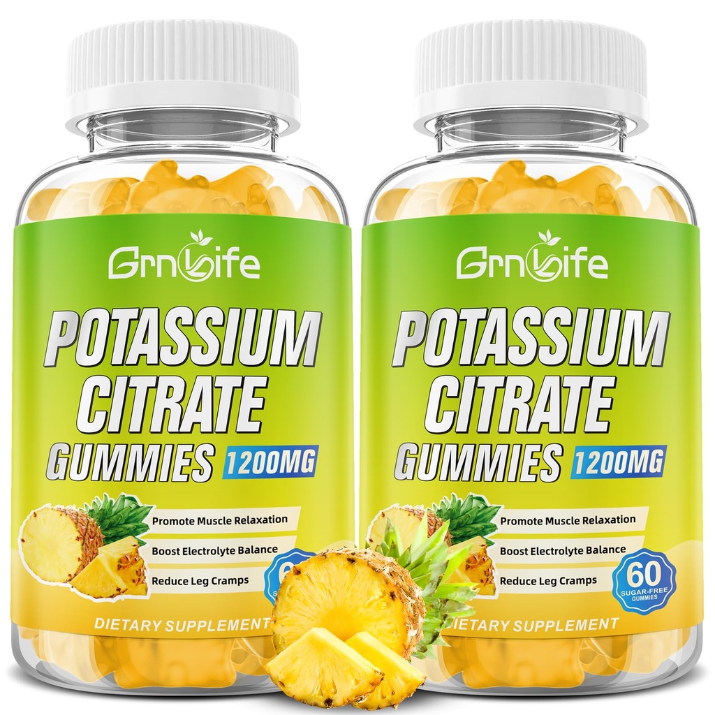 Citrátové žvýkačky draselné, Gummie s vysokým obsahem draslíku 1200mg Support Leg Cramps & Muscle Health, pro dospělé a děti, Vegan, Ananas Flavor 120 Počet