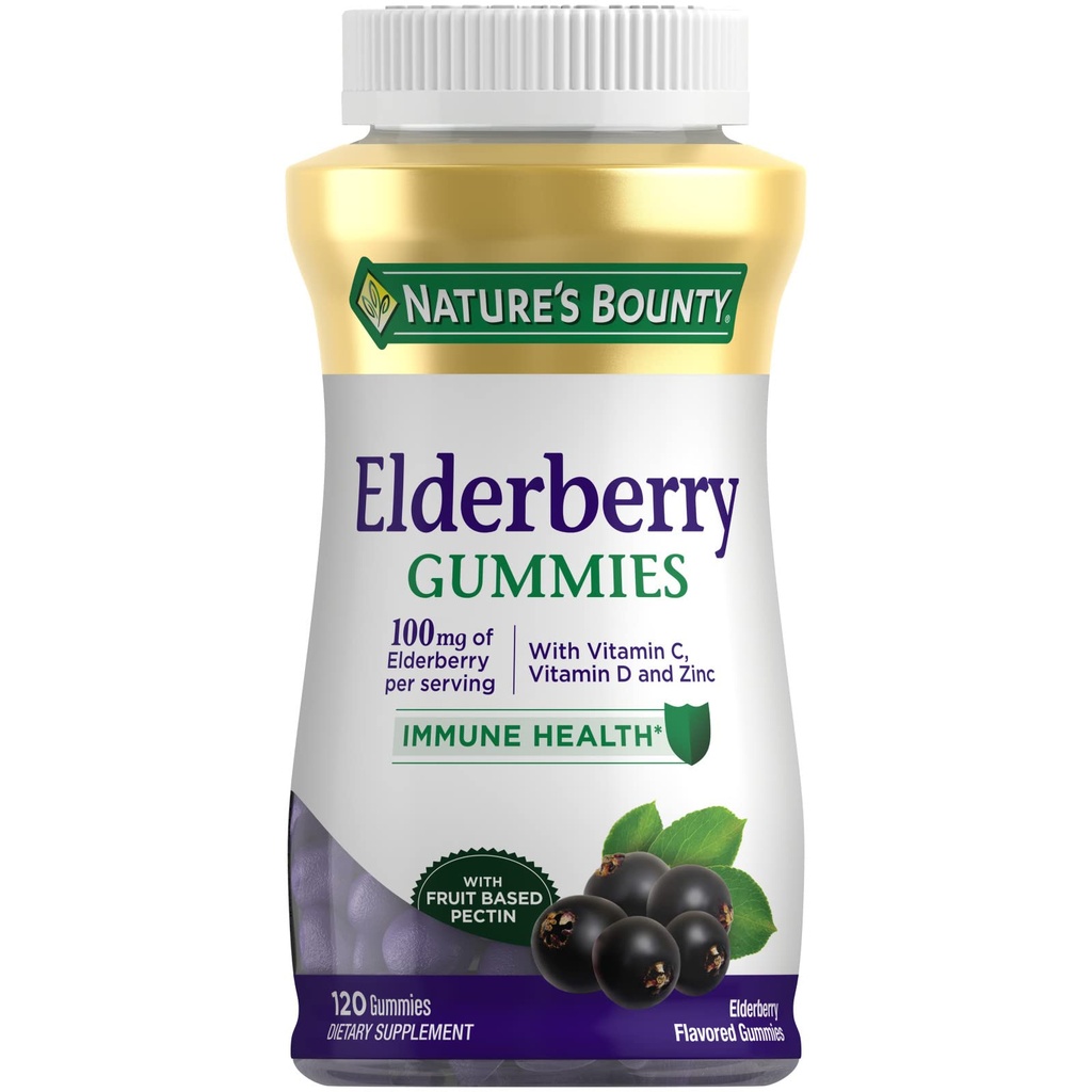 Přírodní Bounty Elderberry Gummies, Dietní dodatek, Podporuje imunitní zdraví, Obsahuje vitamín A, C, D, E a zinek, 100 mg, 120 Gummies