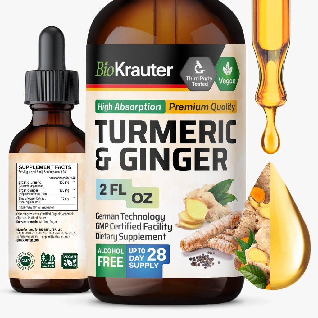 BIO KRAUTER Turmeric and Ginger Supplement Tincture - Kurkumin imunitní podpůrné kapky - Ginger Extract s Black Pepper - Vegan Formule - 2 Fl.Oz.