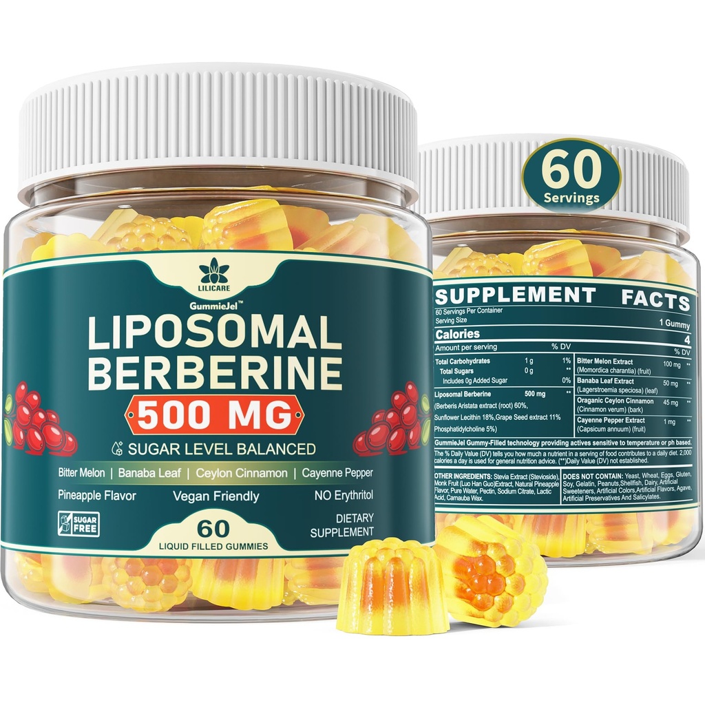 Berberine 500mg dodatek, Jednou denně, Lipozomální gumy s Ceylon Skořice, Bitter Melon, Banaba Leaf pro metabolismus vyvážený, AMPK Activator, vysoká absorpce, cukr zdarma, Vegan, 60 Cts