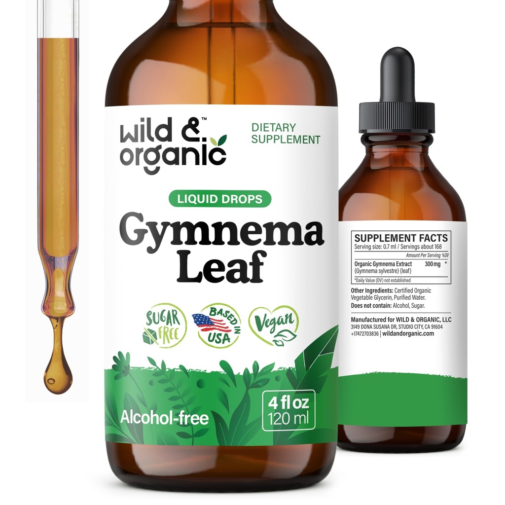 Wild & Organic Gymnema Sylvestre Extract Drops - Sugar- Free Gymnema Sylvestre doplňky - Gurmar Powder Based Tincture - Vegan, Alcohol- Free Leaf Liquid Drops - 4 fl oz