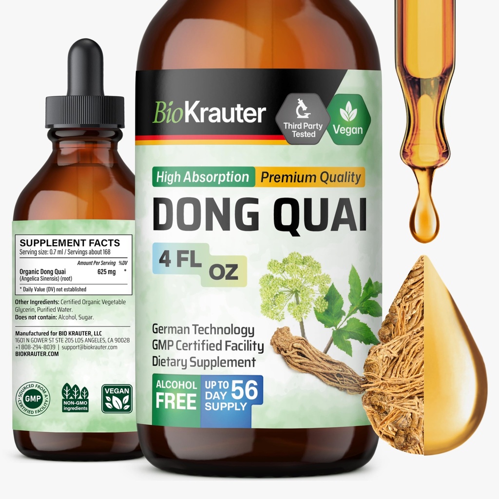 BIO KRAUTER ® Menopauza Doplňky pro ženy * - Dong Quai Kapky 4 Fl.Oz 56 Days of Supply - Vegan Angelica Root Tincture for Menopause Support - Alkohol & Sugar Free - Relaxation & Women 's Wellness