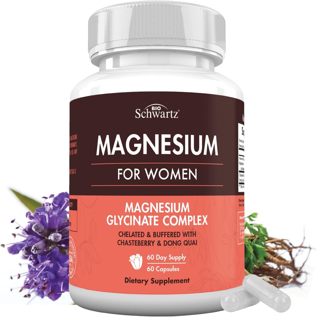 4-in-1 Magnesium Bisglycinát dodatek pro ženy - komplex hořčíku s Chasteberry, Dong Quai & Vitamin B6 pro stres, lepší spánek, Nerve, Kostní a svalová podpora - 60 Kapsle