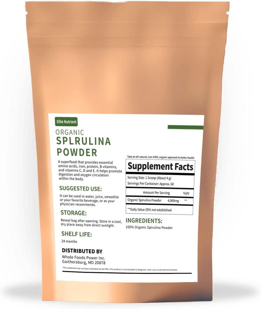 Organic Spirulina Powder, Non- GMO, USDA Certified, Superfood s vysokým obsahem bílkovin, Boost energie, Vylepšení imunity, Individuální balíček