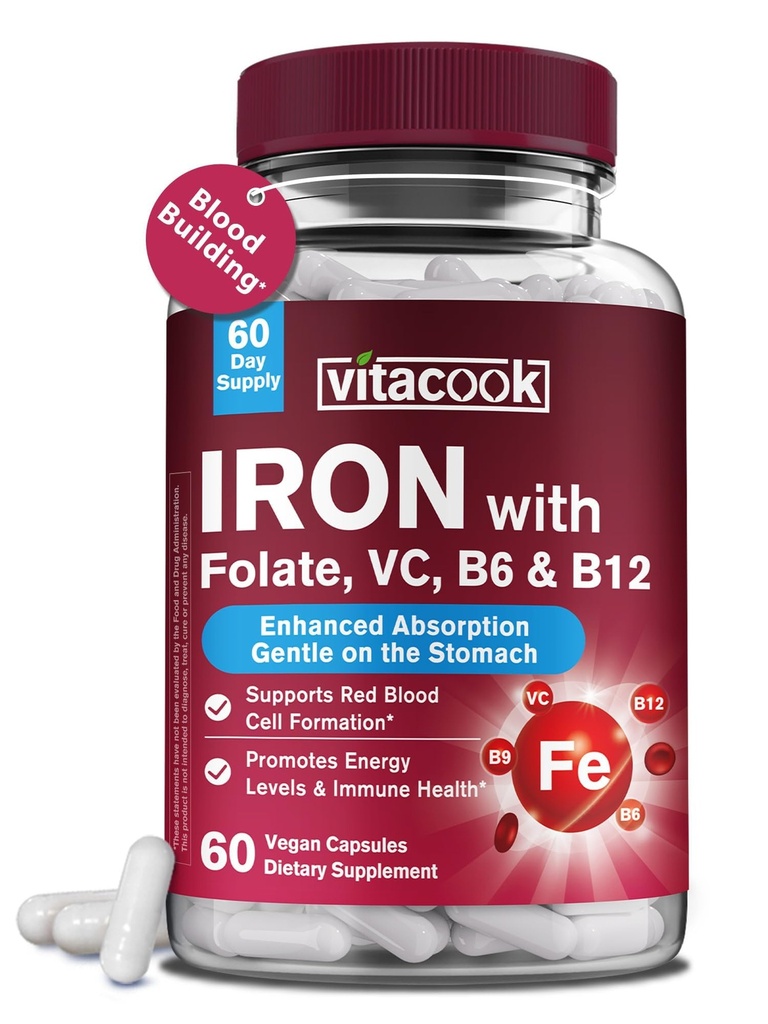 Železný doplněk pro ženy a muže, Železný bisglycinát s vitamínem C, B6, B12, Folát, Žaludek Friendly, Non- Constipating, Krevní zdraví & Energy Boost, 60 Vegan Caps