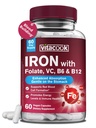 Železný doplněk pro ženy a muže, Železný bisglycinát s vitamínem C, B6, B12, Folát, Žaludek Friendly, Non- Constipating, Krevní zdraví & Energy Boost, 60 Vegan Caps