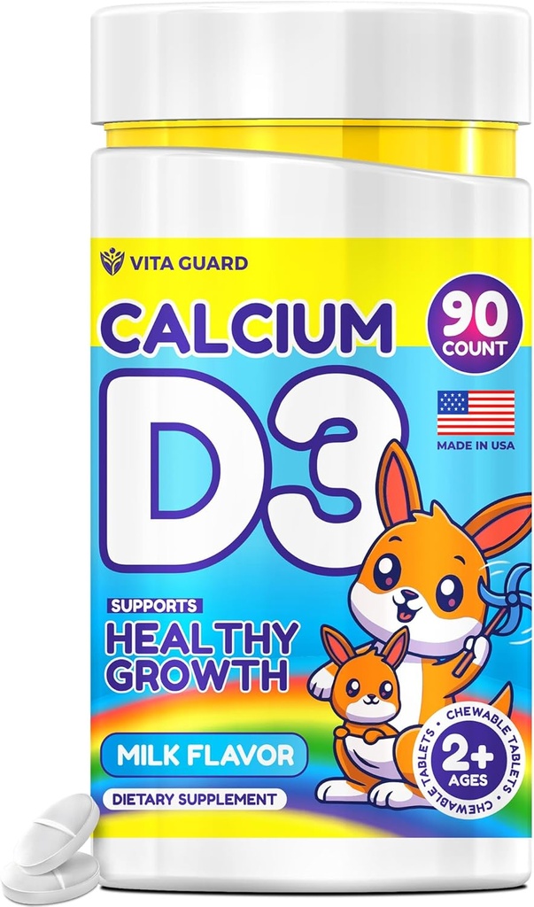 Vápník D3 Žvýkací tablety pro děti - 640 mg vápníku a 320 IU vitaminu D3 - Non- GMO, mléčný příchuť - Supplementace kostí a zubů - 90 tablet pro věky 2 +