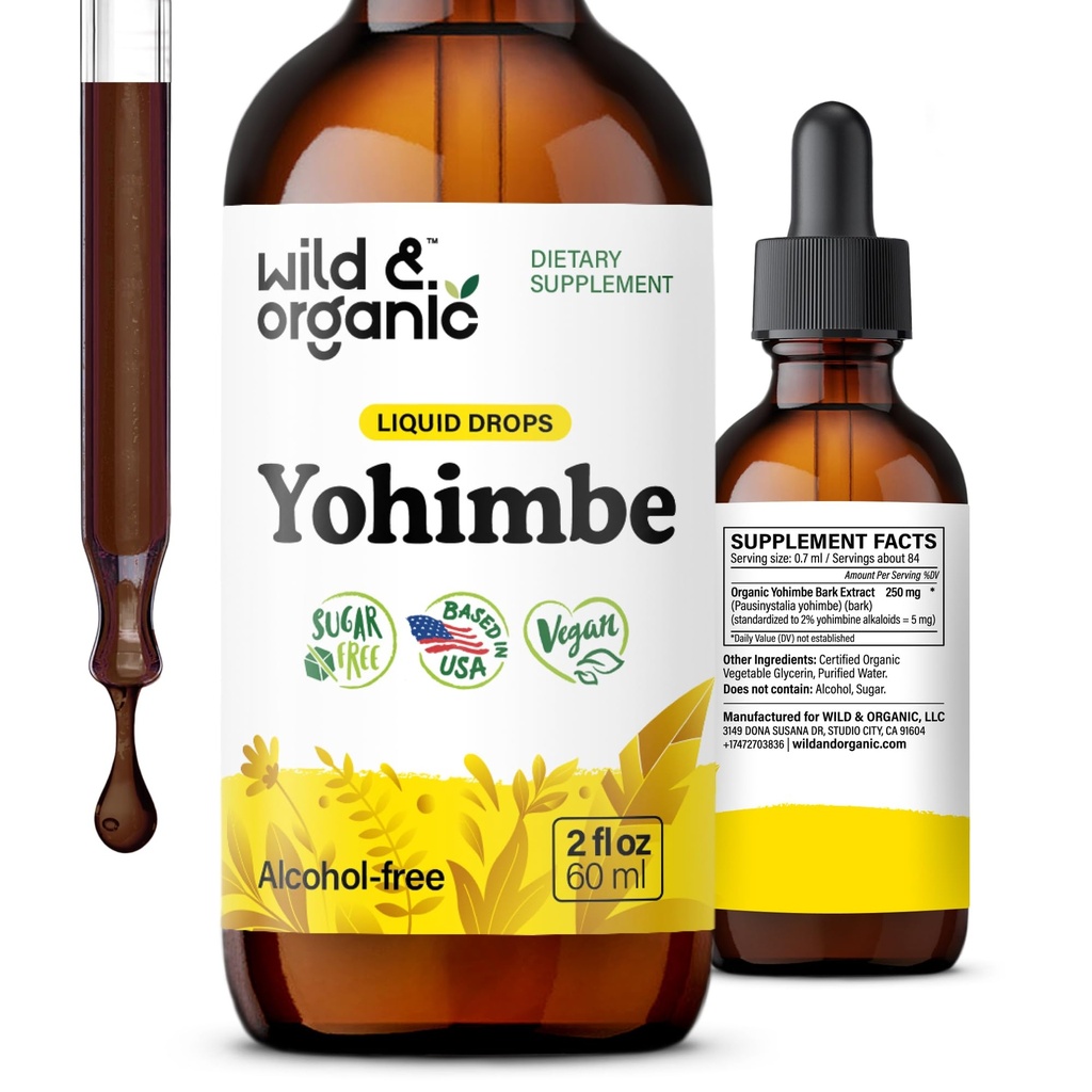 Wild & Organic Yohimbe doplňky pro muže a ženy - 5 mg Yohimbin Liquid Extract Drops - Pausinystalia Yohimbe Bark Tincture - Vegan, Alcohol- Free - 2 fl oz