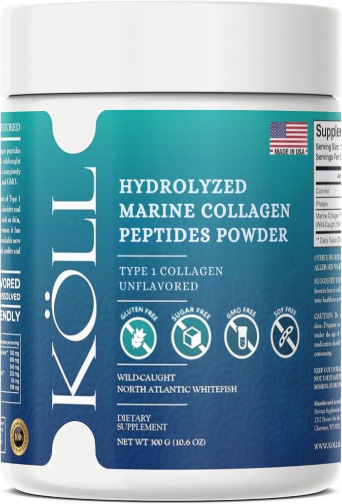 KÖLL Marine Collagen Peptides Powder (300g) Neochucený Sugar- Free Collagen pro ženy a muže, 10,000mg Hydrolyzovaný dodatek, Wild- Catched Sourced, Non- GMO, 0% konzervace typu 1 pro kosti a zdraví kůže