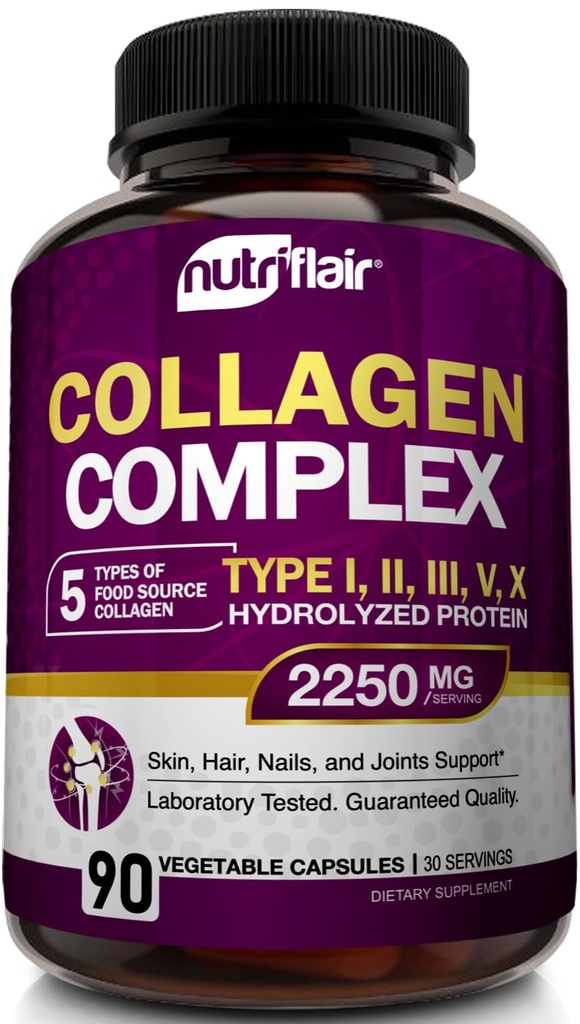 NutriFlair Multi kolagen Peptides 2250mg, 90 Kapsle - Typ I, II, III, V, X - Kolagen doplňky Komplexní prášek pilulky pro ženy a muže - Hydrolyzované bílkoviny, zdravé vlasy, kůže, nehty - Non- GMO