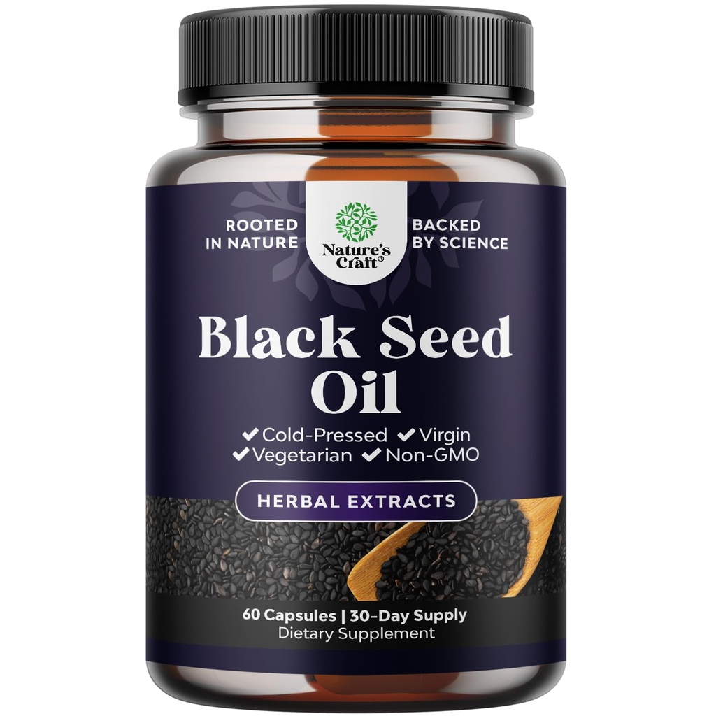 Vegan Black Seed Oil Capsules - Cold Pressed Nigella Sativa Black Cumin Seed Oil Capsules with Omega 3 6 9 Antioxidants & Thymoquinone for Hair Growth Immune Support Joint Health and Digestion - 60ct