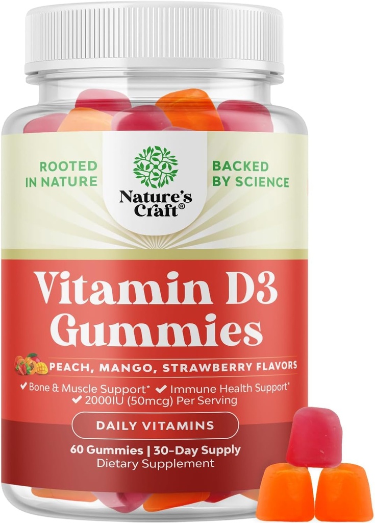 Natures Craft Vitamin D3 Gummies pro denní wellness - Delicious D Dospělí s 2000IU na Serving Bone Muscle & Imunitation Support Non- GMO Gelatin gluten zdarma (30 Day Supply)