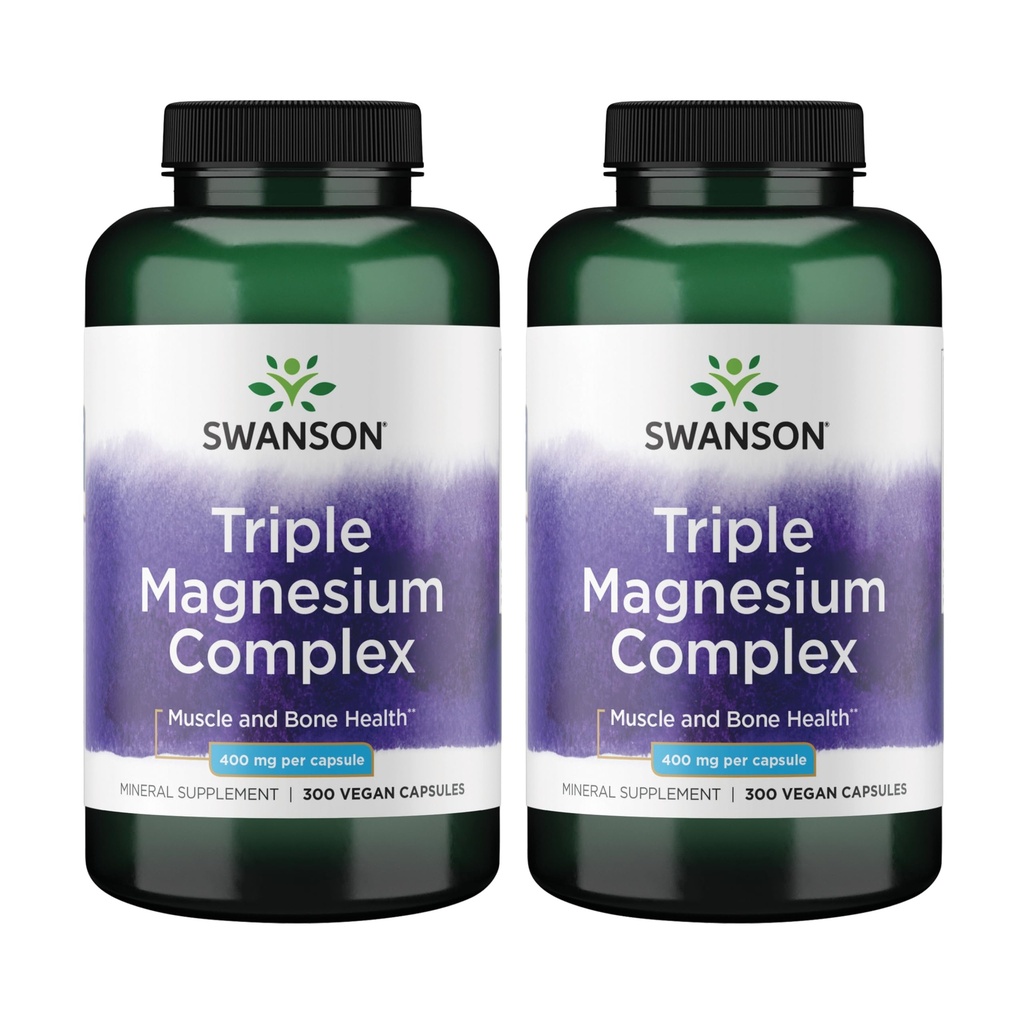 Swanson Triple Magnesium Complex - Minerální doplněk - Přírodní podpora - Nosný citrát, oxid a aspartát - (300 kapslí, 400mg každé, 2 balení)