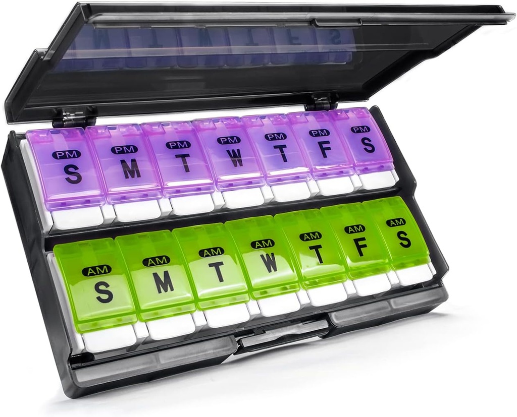 Extra Large Weekly Pill Organizátor 2 krát denně - Remease Am / Pm Daily Pill Case Medicine Organizátor, Push Button 7 Day Pill Box for Pills / Vitamin / Cod Jaterní olej / doplňky (Purple & Green)