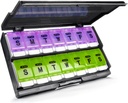 Extra Large Weekly Pill Organizátor 2 krát denně - Remease Am / Pm Daily Pill Case Medicine Organizátor, Push Button 7 Day Pill Box for Pills / Vitamin / Cod Jaterní olej / doplňky (Purple & Green)