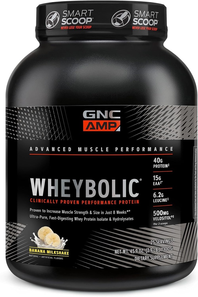 GNC AMP Wheybolic Klinicky osvědčený proteinový prášek, 40 g syrovátkového proteinu, BCAA, Leucin, zvyšuje svalovou sílu, budování svalů, třetí strana testována, gluten zdarma, Banana Milkshake, 25 Služeb