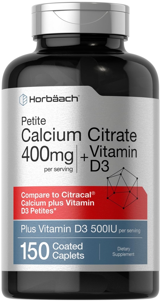 Horbäach vápník Citrát s vitaminem D3 CLAS124; 150 Petite Coated Caplet CLAS124; dodatek pro muže a ženy CLAS124; Vegetarian, Non- GMO & gluten zdarma