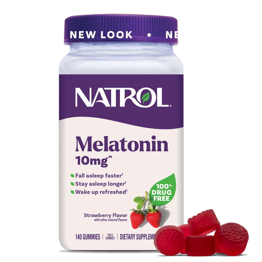 Natrol Melatonin Gummies, Podpora spánku pro dospělé, Melatonin 10 mg, 140 Strawberry- ochucené, až 70 dní