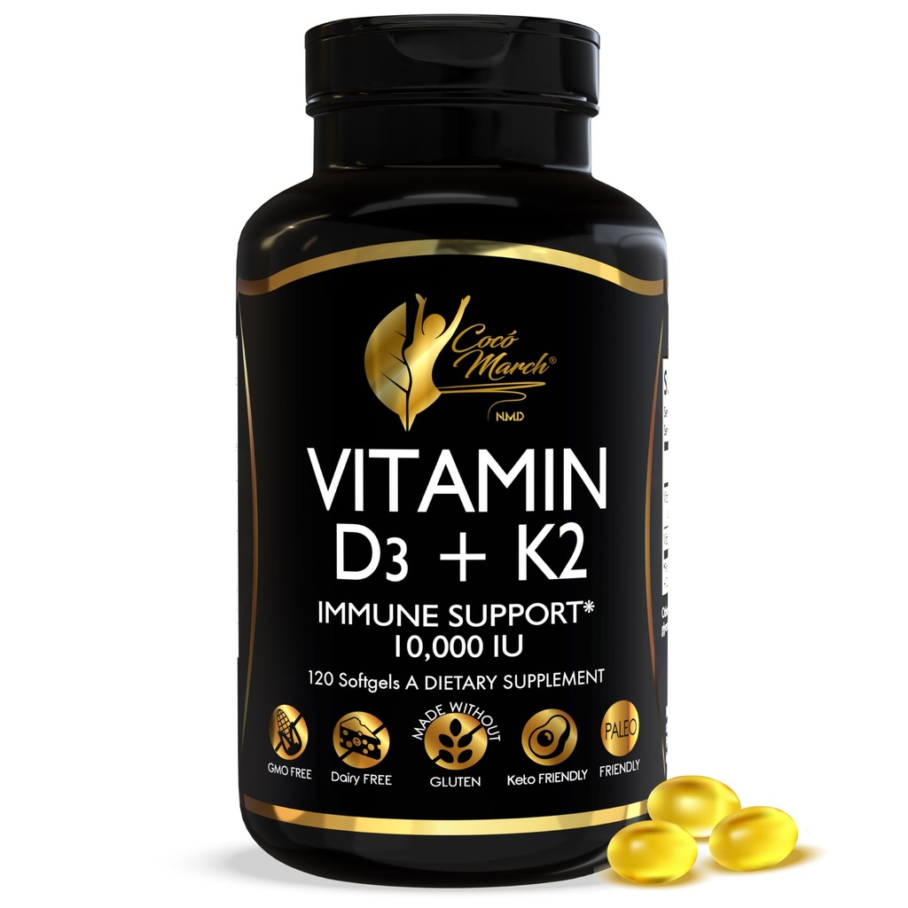 Cocó March N.M.D Vitamin D3 + K2 10 000 IU - dodatek vysoké potence pro ženy a muže, imunitní podpora, Kostní a společné zdraví - Bezlepkové, Non- GMO, 4 měsíční zásoba, 250 mcg D3, 180 mcg vitaminu K2