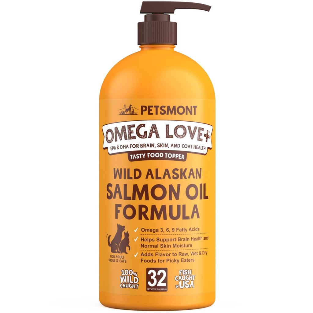 Petsmont Omega Love + Wild Aljašský losos olej pro psy Formula 32 oz - Fish Omega tekuté čerpadlo kočky podporuje společné funkce imunitní srdce doplněk stravy Domácí zvířata přírodní EPA DHA mastné kyseliny