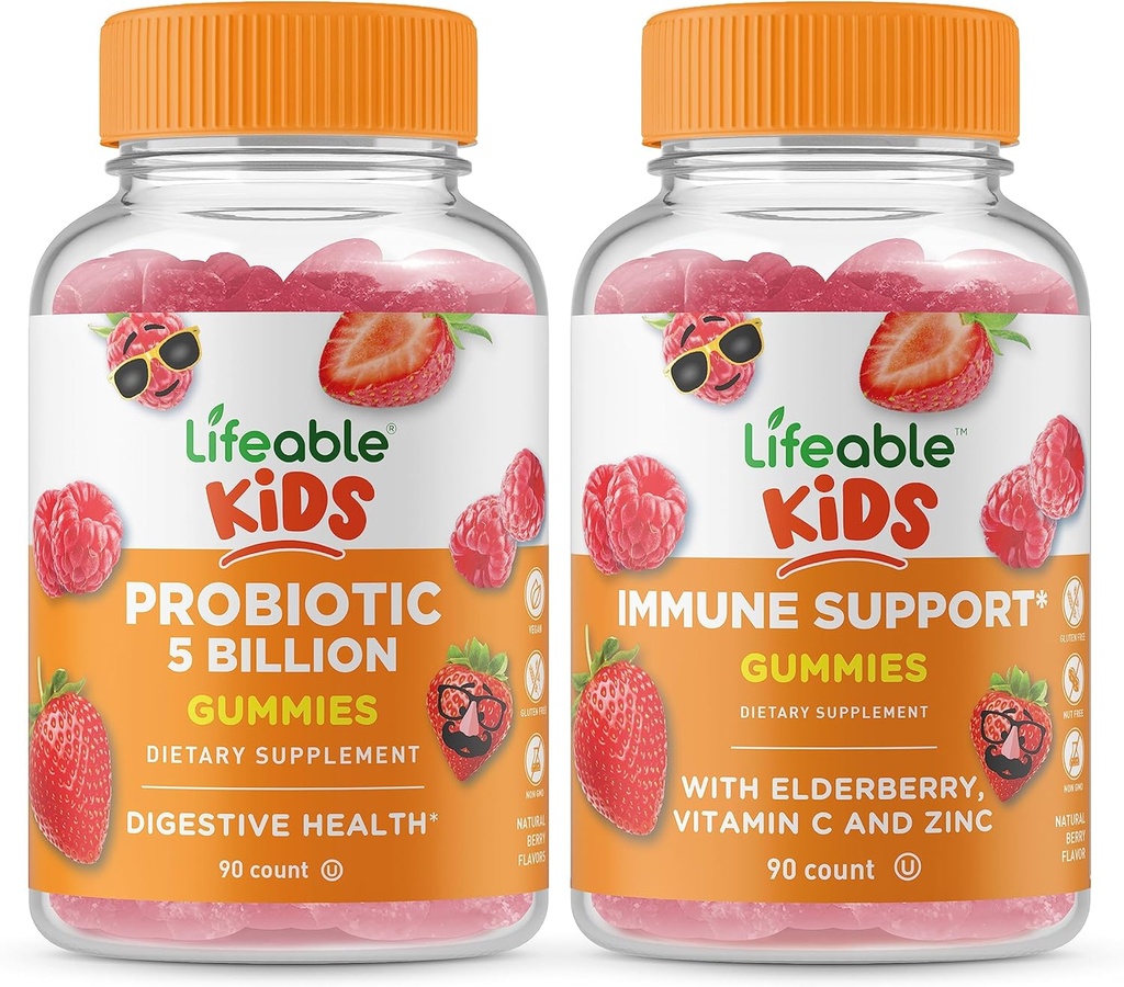 Lifeable Probiotika 5 miliard dětí + Imunitní podpora děti, Gummies Bundle - Velký Ochutnávka, Vitamin dodatek, gluten zdarma, GMO zdarma, Žvýkací Gummy