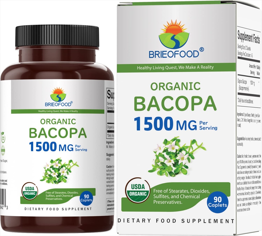 Brieofood Organic Bacopa 1500mg, 45 Servings, Vegetarian, gluten Free, 90 Vegetarian Tablety...