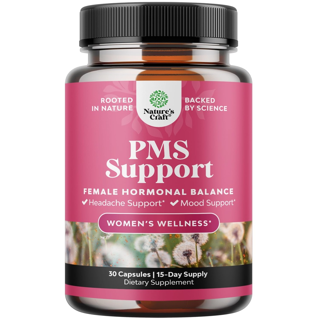 PMS Support Supplement pro ženy - Hormonální rovnováha pro ženy a menstruační klid s DIM, Chasteberry, Black Cohosh & Ashwagandha - pro období křeče Ease, Menopauza Bloating, Mood Swing - 30 Ct